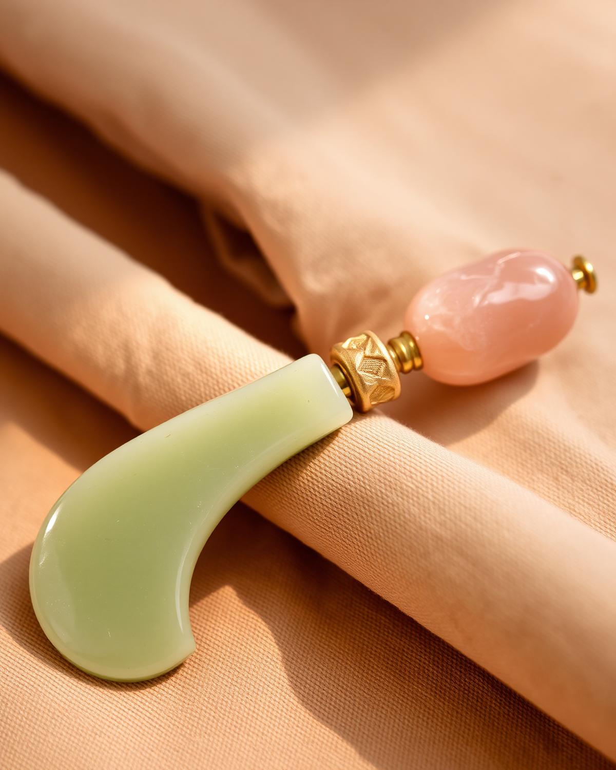 Jade and rose quartz facial tools prepared for a facial treatment