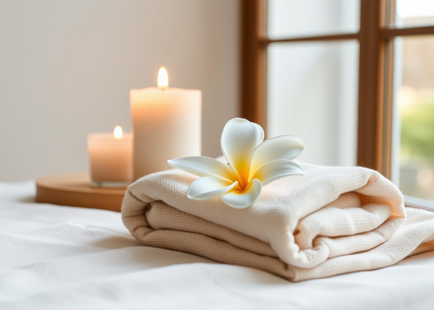 Candle and folded linen in a serene home setting
