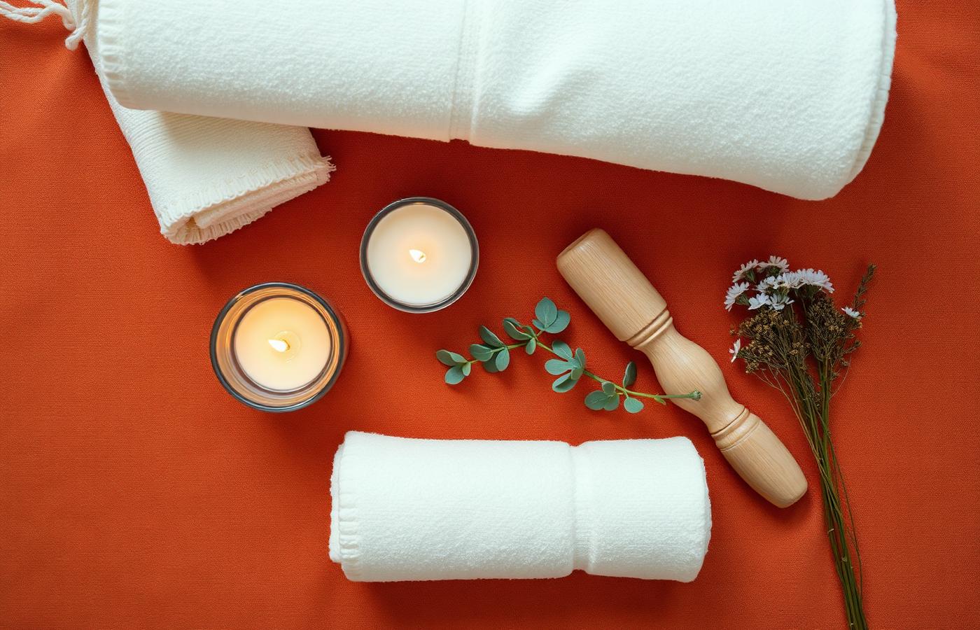 Rolled towels, candles and eucalyptus on terracotta linen