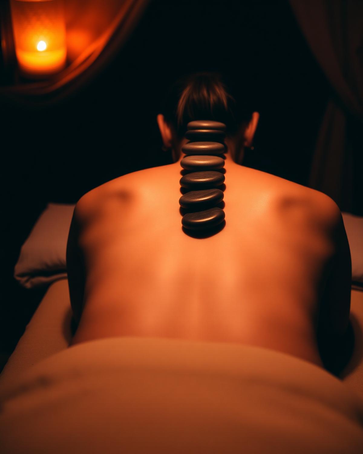 Hot stones aligned along the spine in warm candlelight
